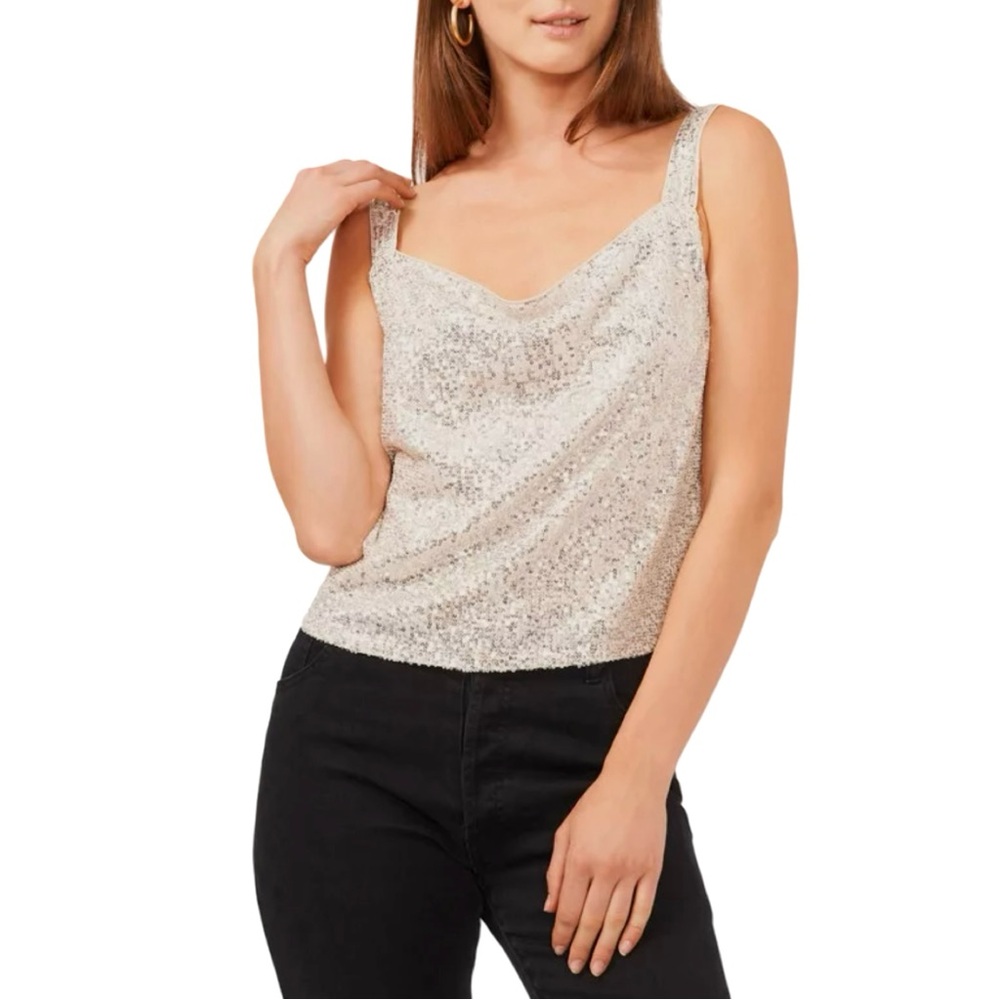 1.STATE Women's Sequin Wide Strap Draped Tank Top Champagne Party Top
EUC